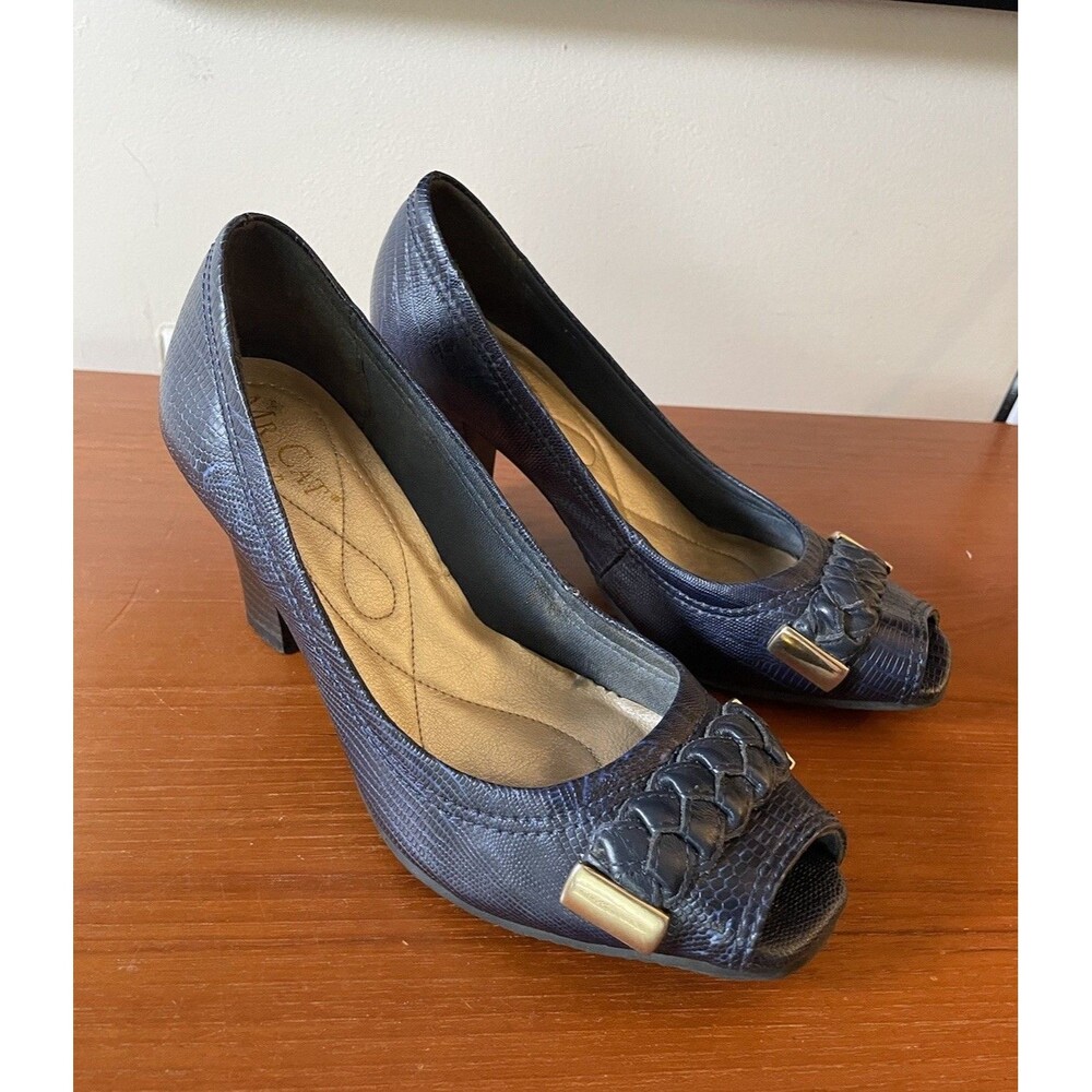Mr. Cat Comfort womens heels shoes peep toe pumps non skid sole, Navy 36, Size 6